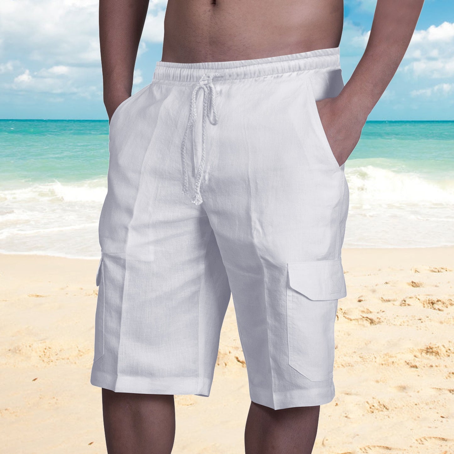 Shorts in Lino Multi Tasche Uomo con Lacci per Tuta da Spiaggia - JINJASTYLE