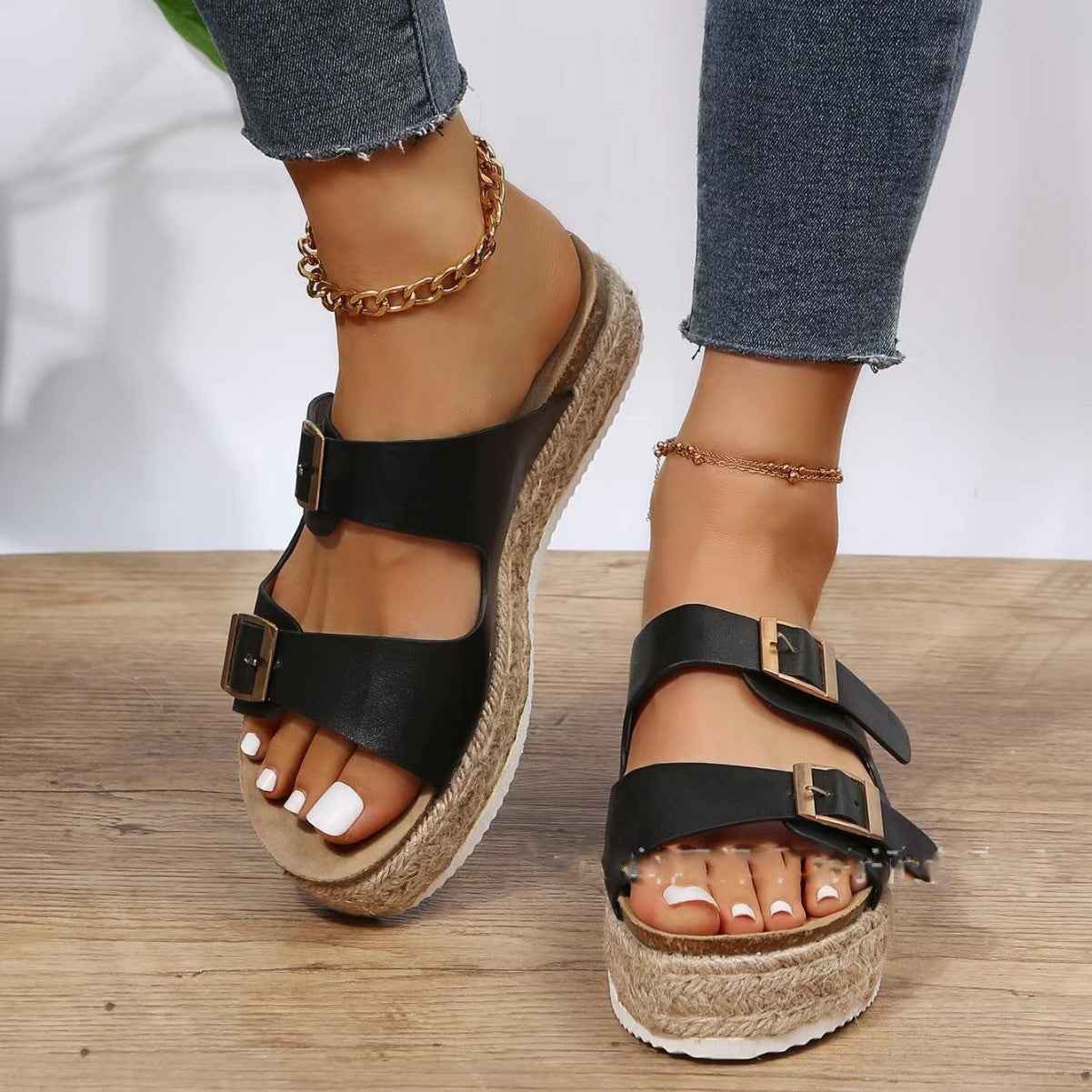 Women's slippers for outdoor wear in summer, forest-style retro thick-soled hemp rope lazy casual sandals