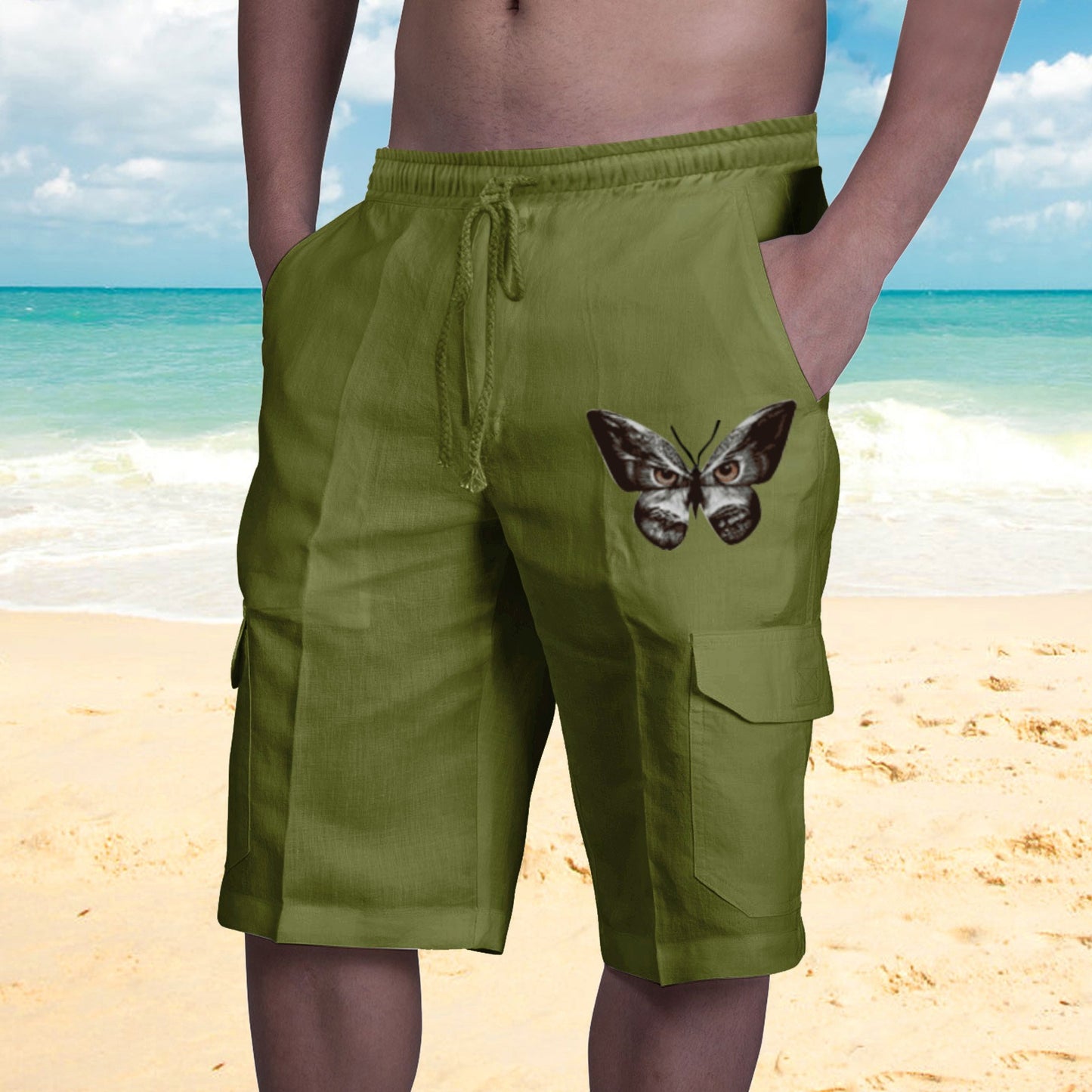 Shorts in Lino Multi Tasche Uomo con Lacci per Tuta da Spiaggia - JINJASTYLE