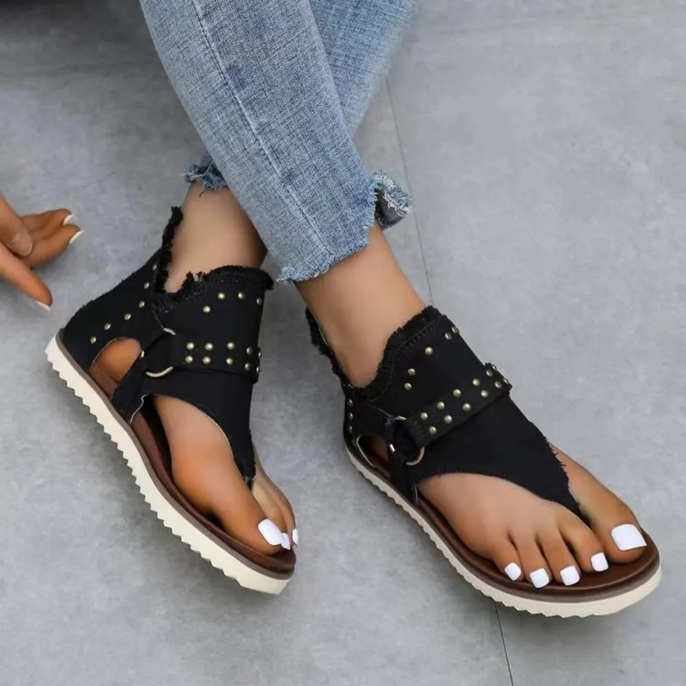 Sandali Piattaforma con Borchie e Orlo Grezzo - Sandali Piatti con Borchie per Stile e Comfort - JINJASTYLE