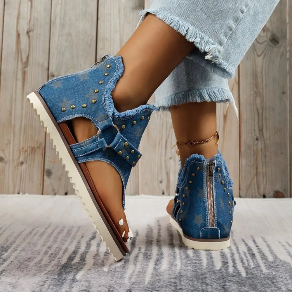 Sandali Piattaforma con Borchie e Orlo Grezzo - Sandali Piatti con Borchie per Stile e Comfort - JINJASTYLE