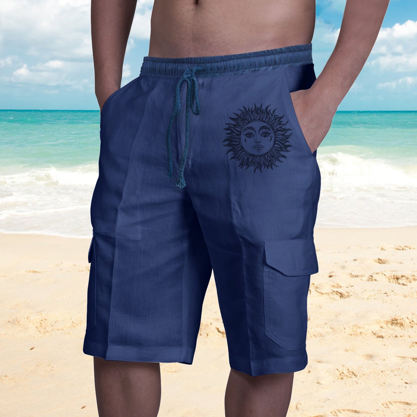 Shorts in Lino Multi Tasche Uomo con Lacci per Tuta da Spiaggia - JINJASTYLE