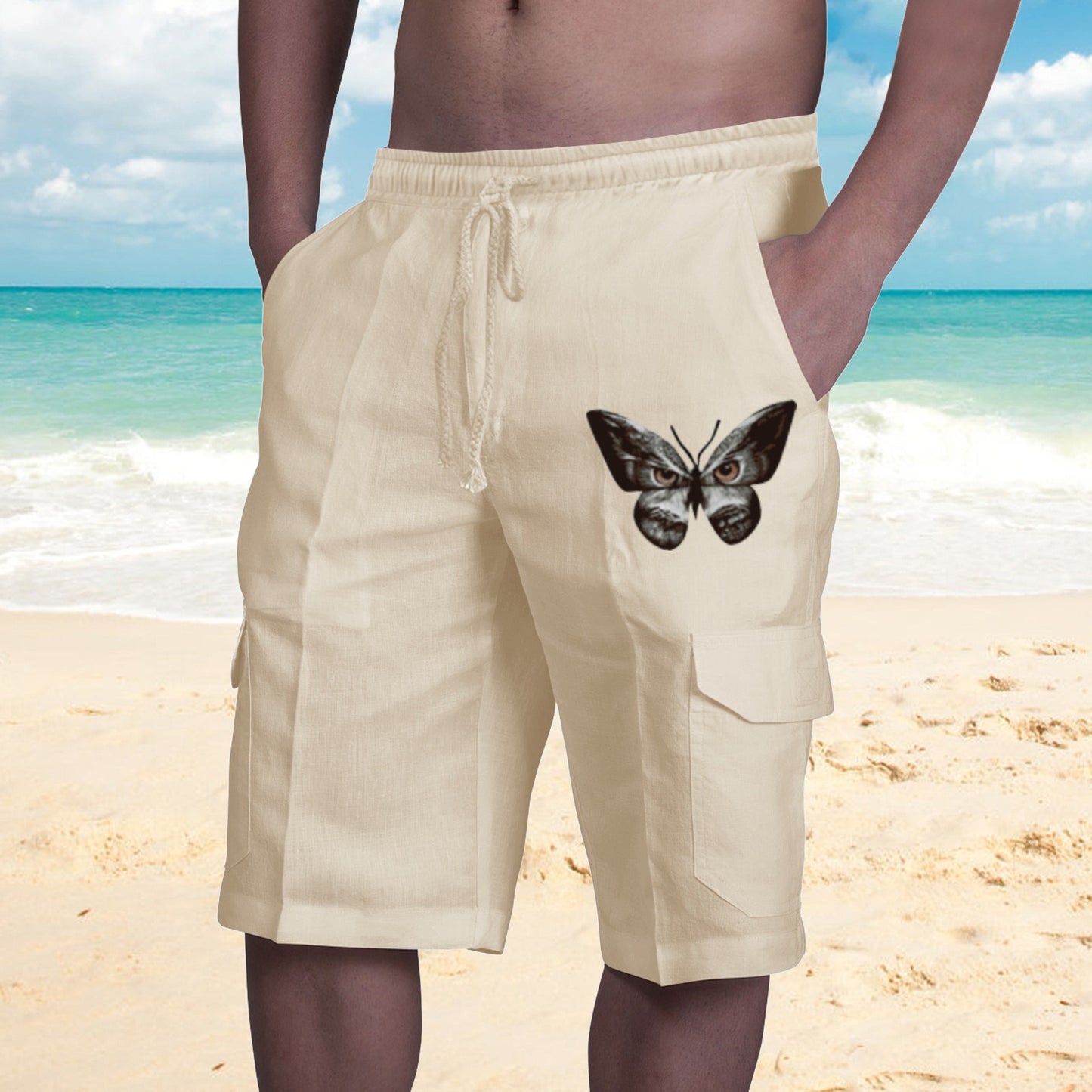 Shorts in Lino Multi Tasche Uomo con Lacci per Tuta da Spiaggia - JINJASTYLE