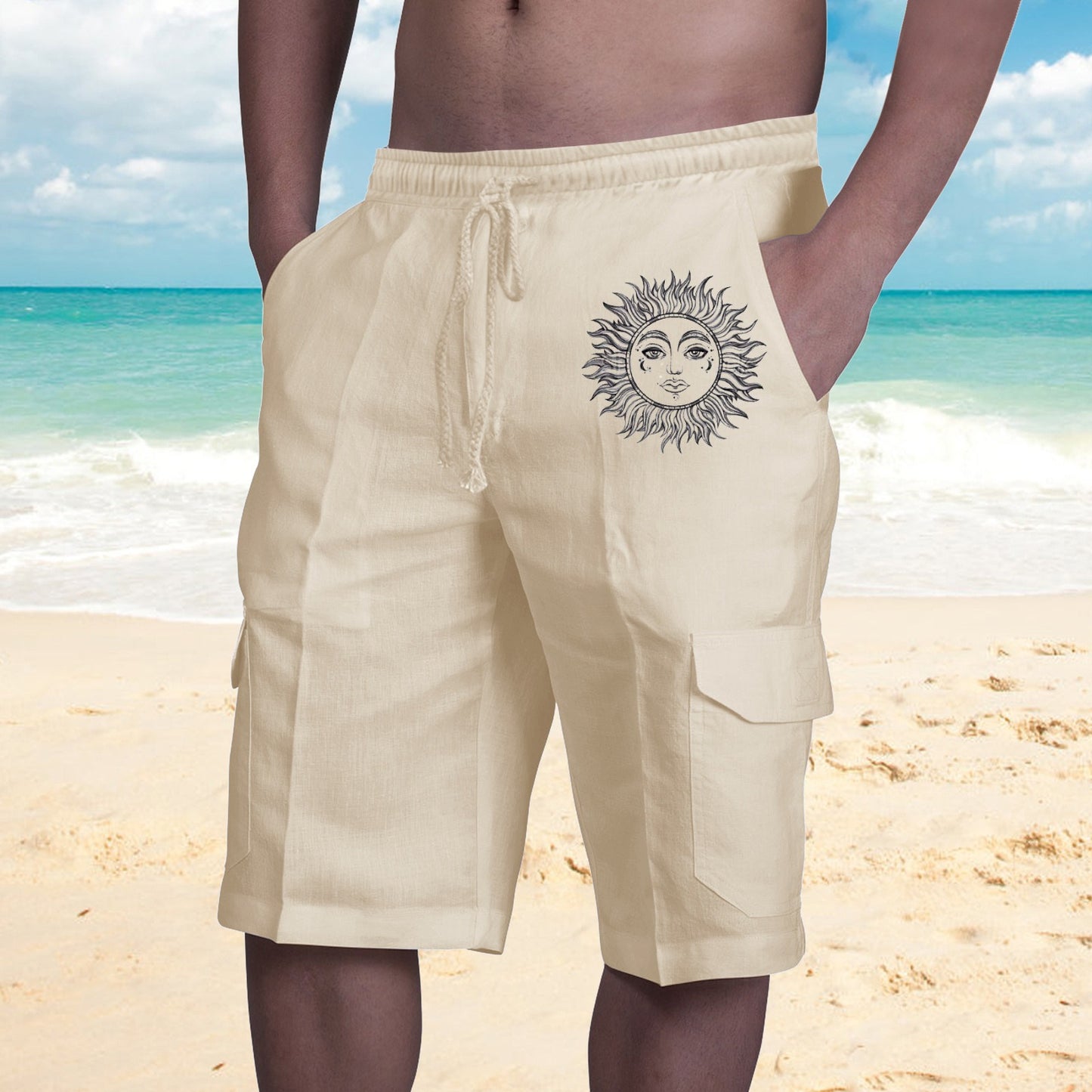 Shorts in Lino Multi Tasche Uomo con Lacci per Tuta da Spiaggia - JINJASTYLE