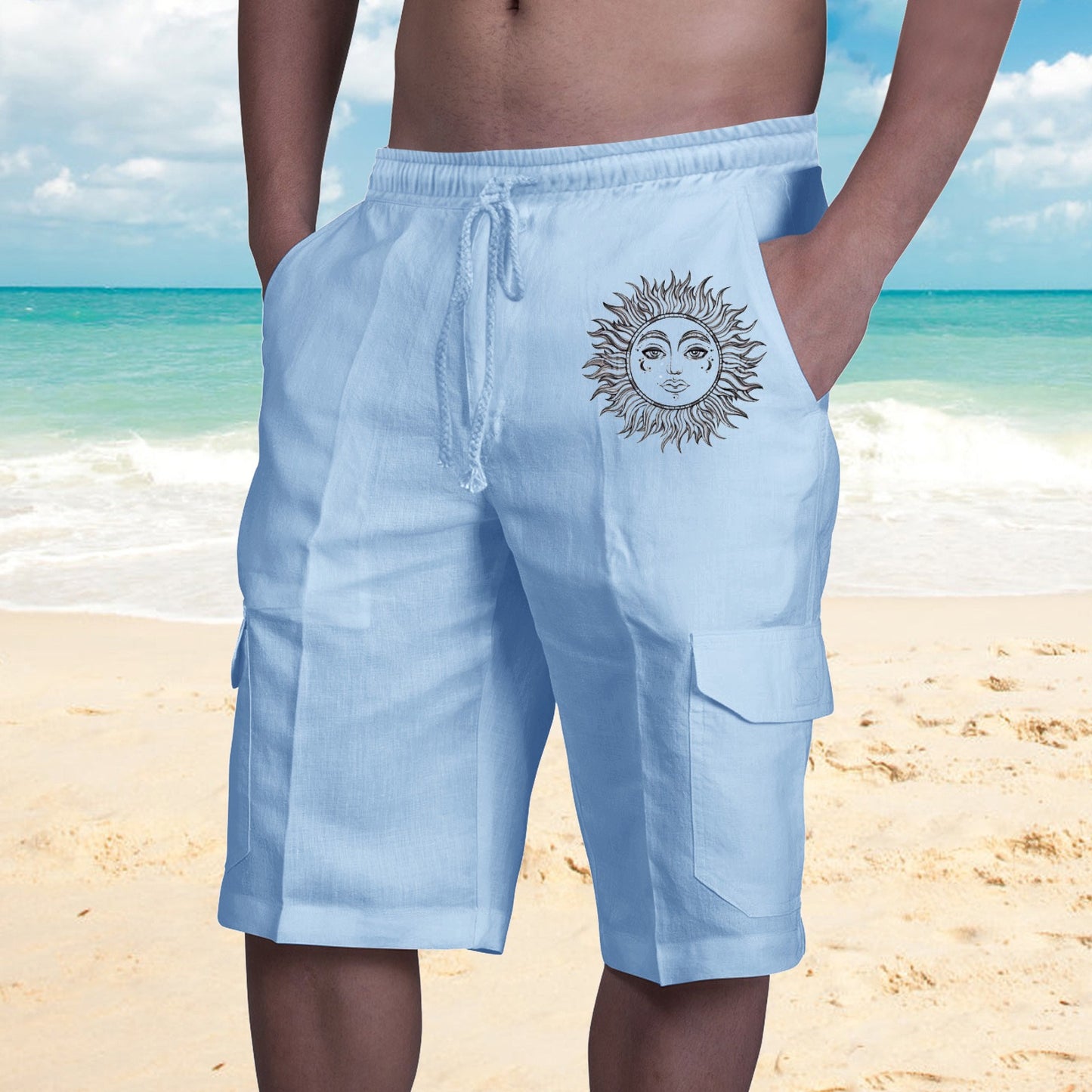 Shorts in Lino Multi Tasche Uomo con Lacci per Tuta da Spiaggia - JINJASTYLE