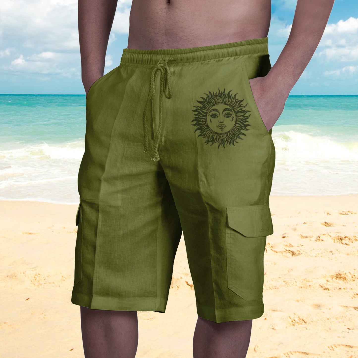 Shorts in Lino Multi Tasche Uomo con Lacci per Tuta da Spiaggia - JINJASTYLE