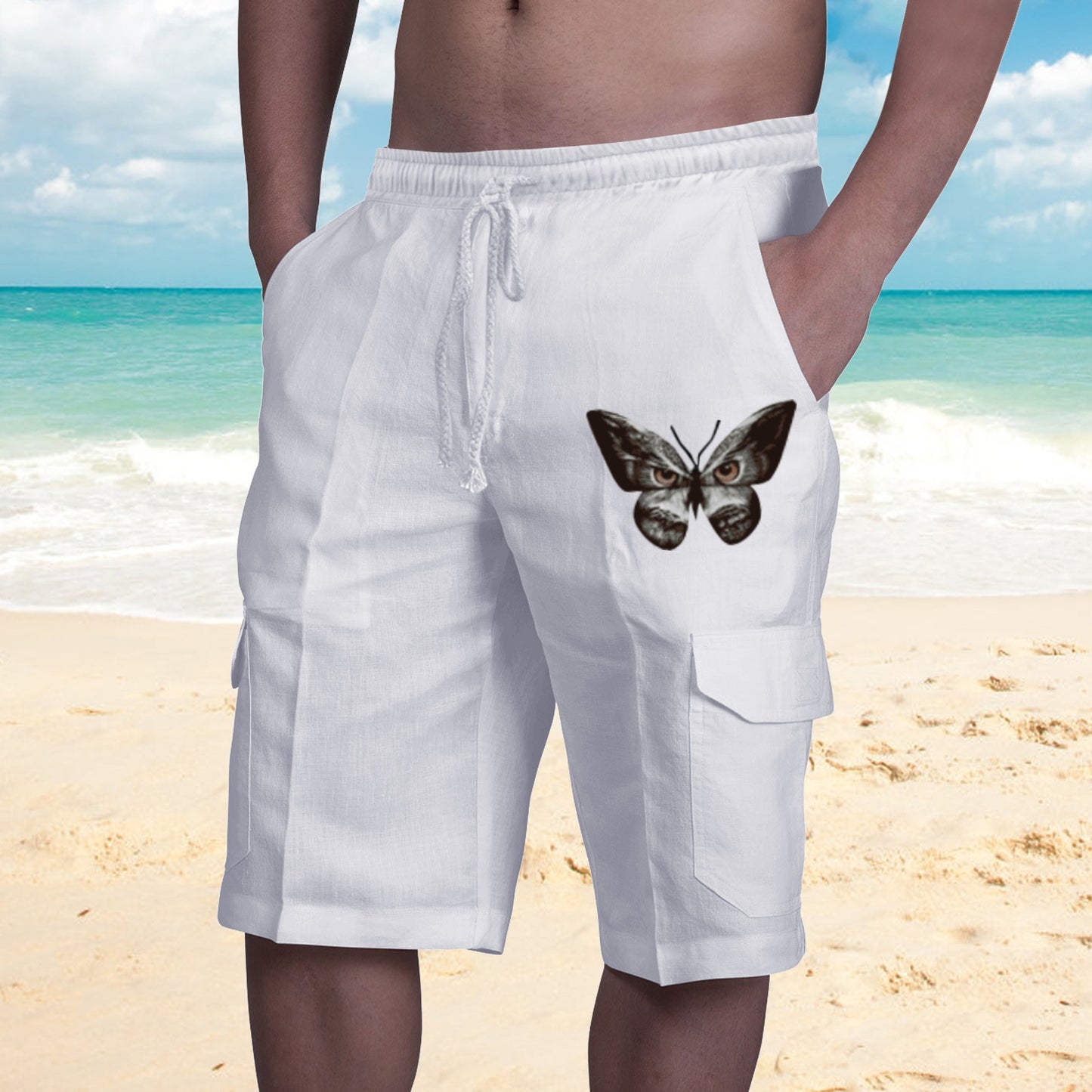 Shorts in Lino Multi Tasche Uomo con Lacci per Tuta da Spiaggia - JINJASTYLE