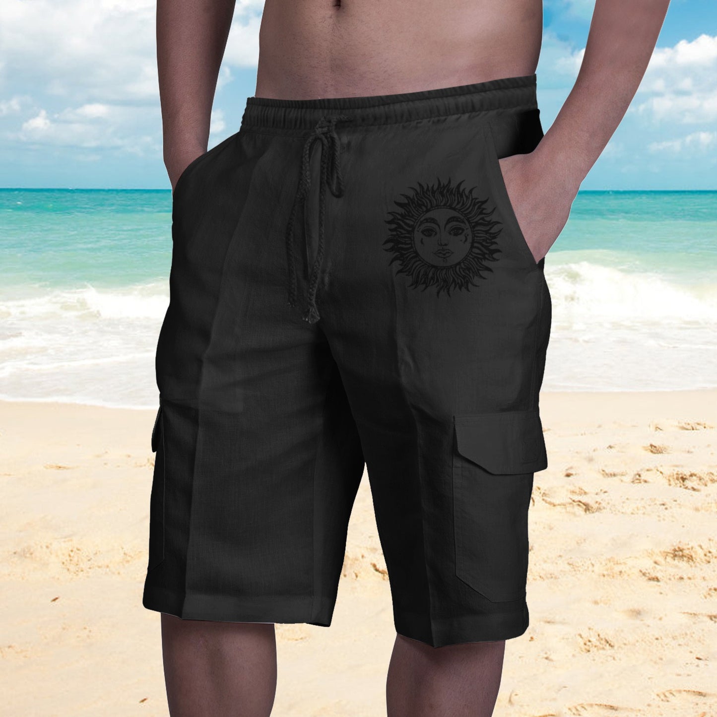 Shorts in Lino Multi Tasche Uomo con Lacci per Tuta da Spiaggia - JINJASTYLE