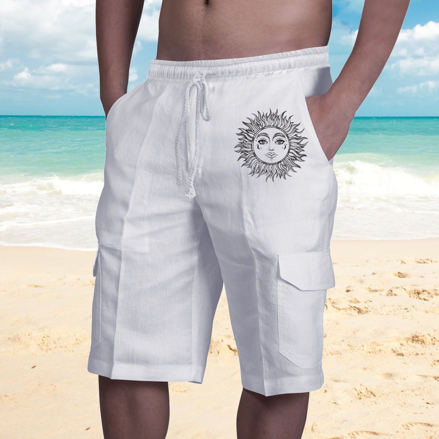 Shorts in Lino Multi Tasche Uomo con Lacci per Tuta da Spiaggia - JINJASTYLE