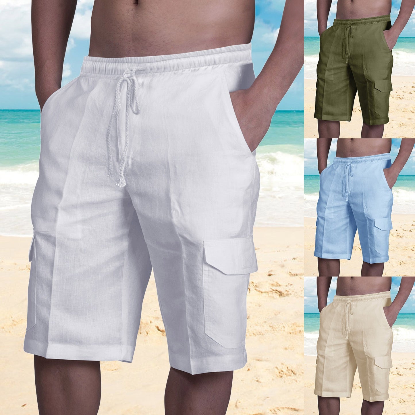 Shorts in Lino Multi Tasche Uomo con Lacci per Tuta da Spiaggia - JINJASTYLE