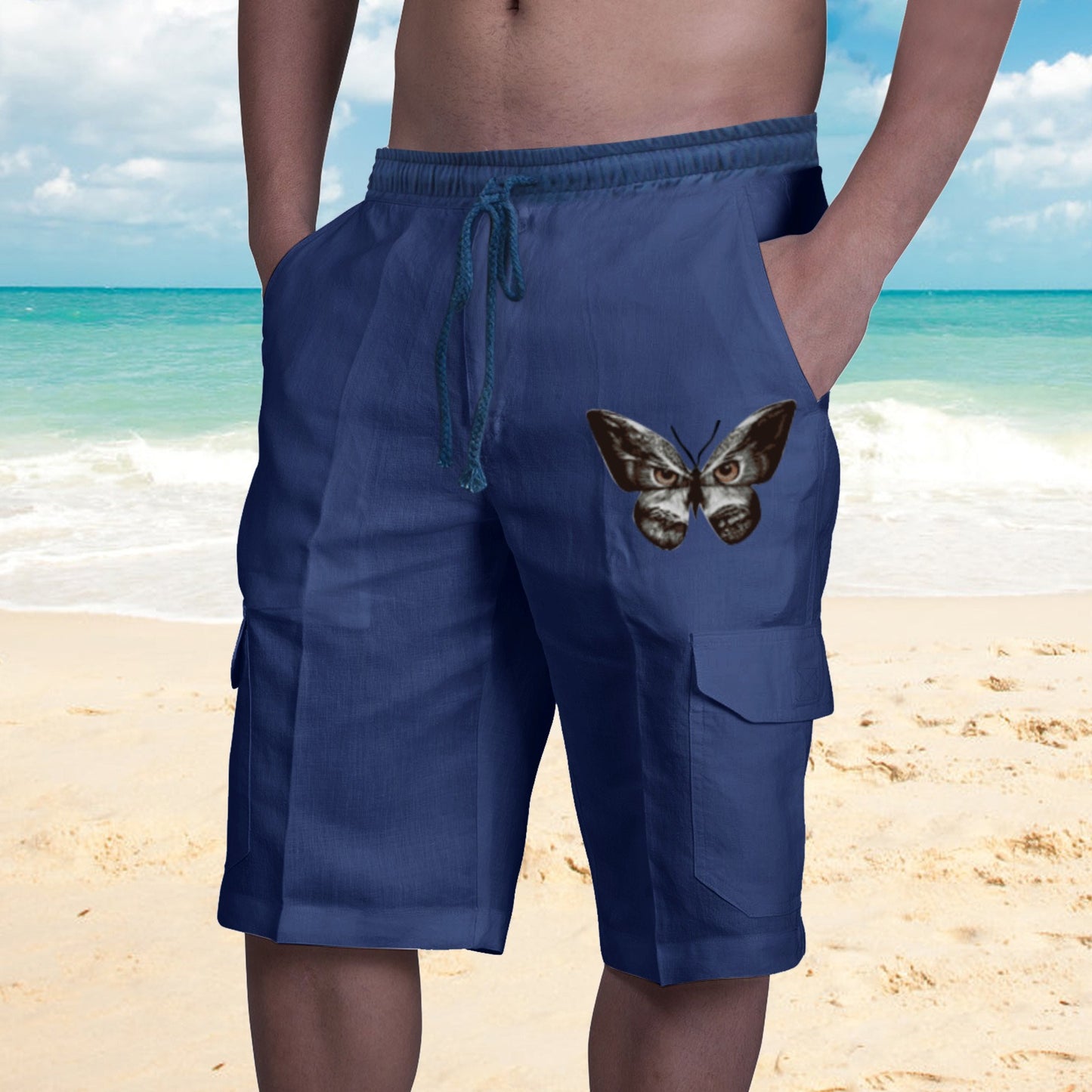 Shorts in Lino Multi Tasche Uomo con Lacci per Tuta da Spiaggia - JINJASTYLE
