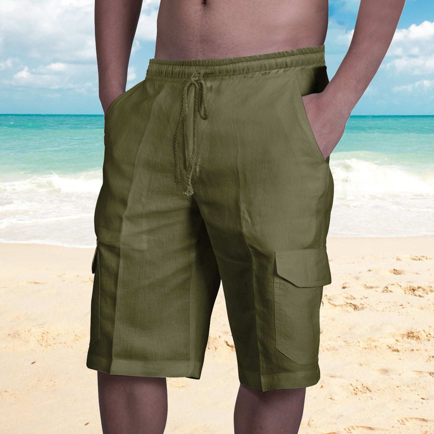 Shorts in Lino Multi Tasche Uomo con Lacci per Tuta da Spiaggia - JINJASTYLE