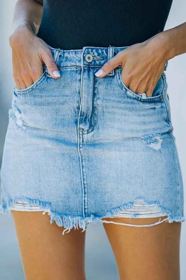 Women's Mini Denim Skirt High Waist Vintage Fashion Korean Slim Straight Summer Sexy Ripped Raw Short Skirt