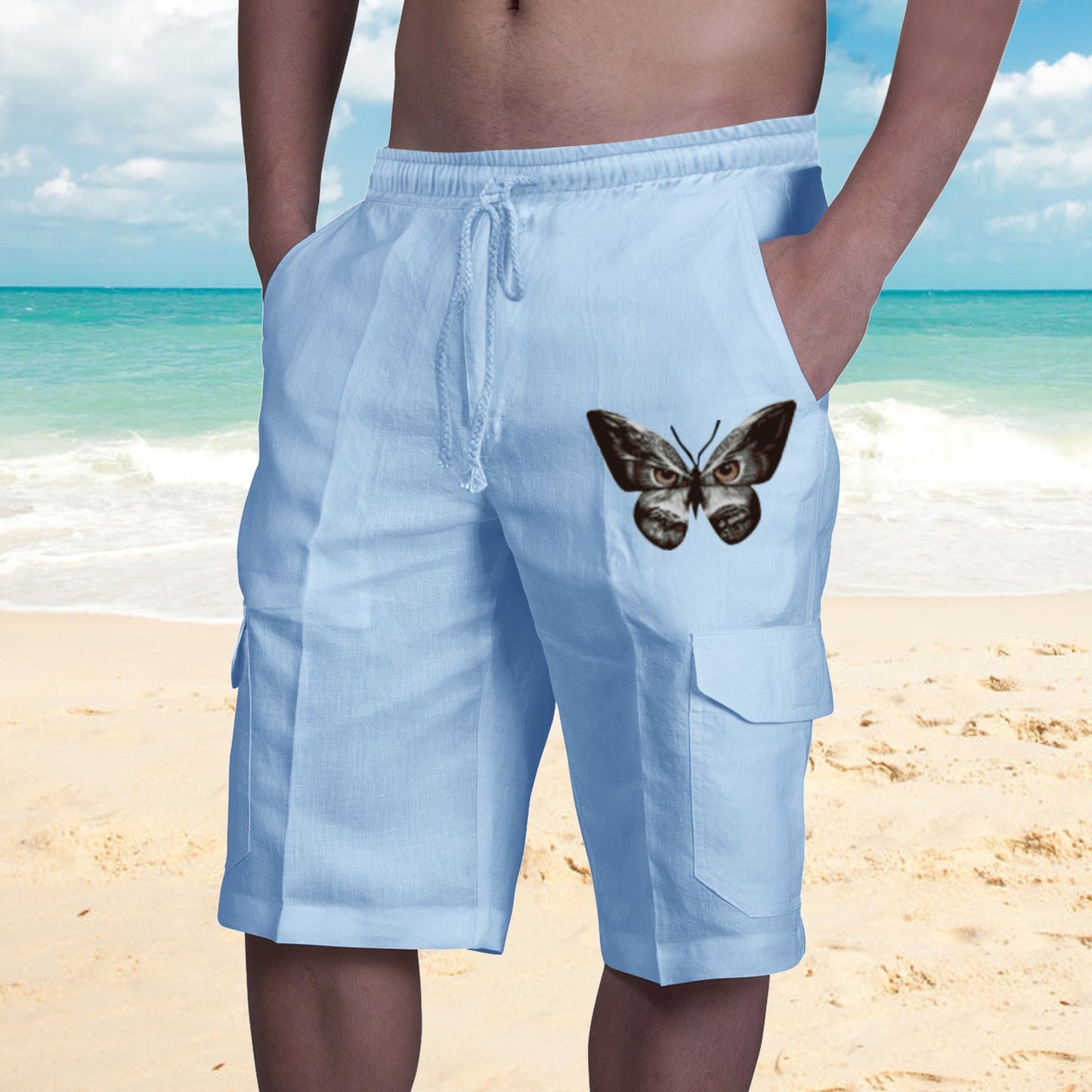 Shorts in Lino Multi Tasche Uomo con Lacci per Tuta da Spiaggia - JINJASTYLE