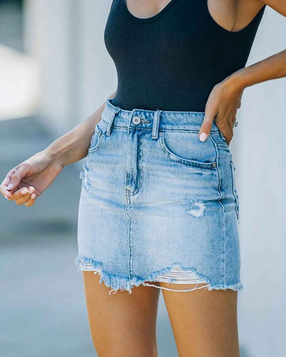 Women's Mini Denim Skirt High Waist Vintage Fashion Korean Slim Straight Summer Sexy Ripped Raw Short Skirt