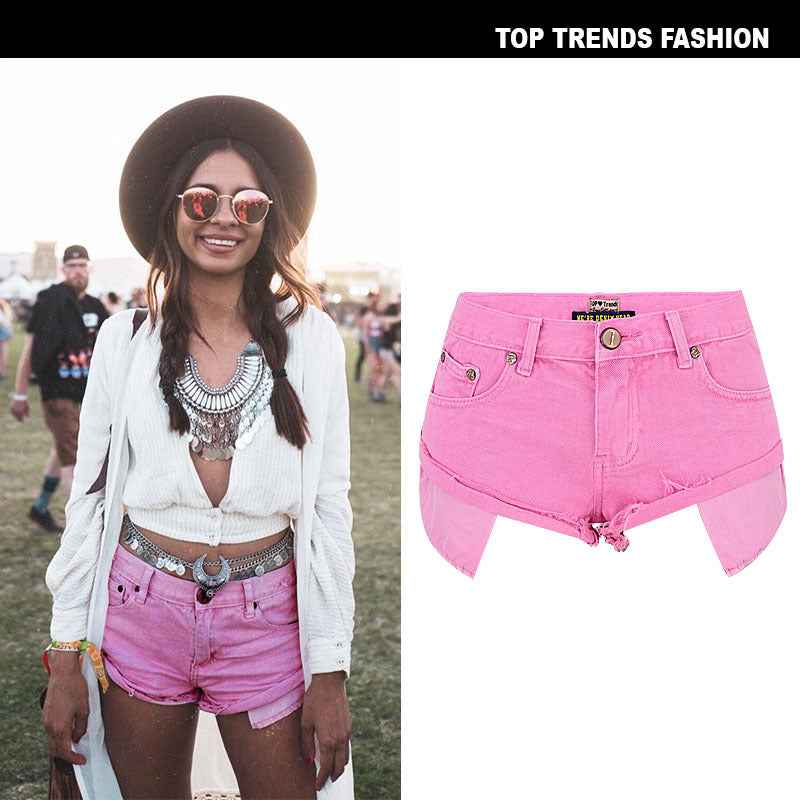 Women's Low Waist Denim Shorts Decadent Style Loose Non-elastic Rolled Edge Show Pocket Beach Hot Pants Macaron Pink