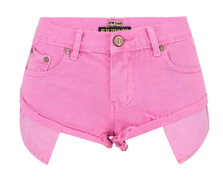 Women's Low Waist Denim Shorts Decadent Style Loose Non-elastic Rolled Edge Show Pocket Beach Hot Pants Macaron Pink
