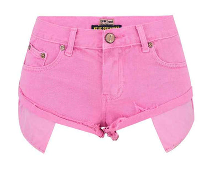 Women's Low Waist Denim Shorts Decadent Style Loose Non-elastic Rolled Edge Show Pocket Beach Hot Pants Macaron Pink